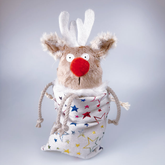 Cuddly toy reindeer in a sack 