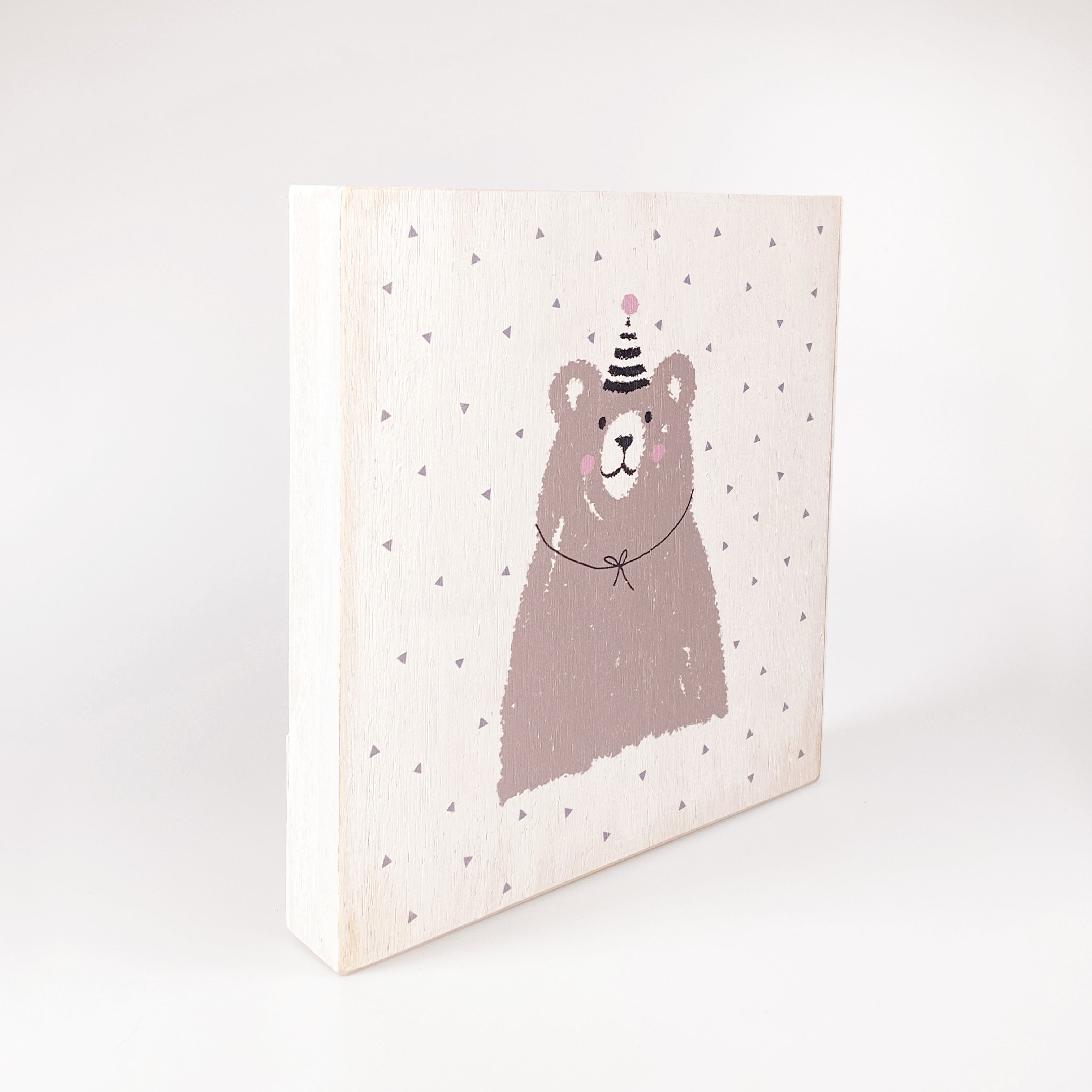 Großes Holzbild "Bär mit Partyhut" weiß