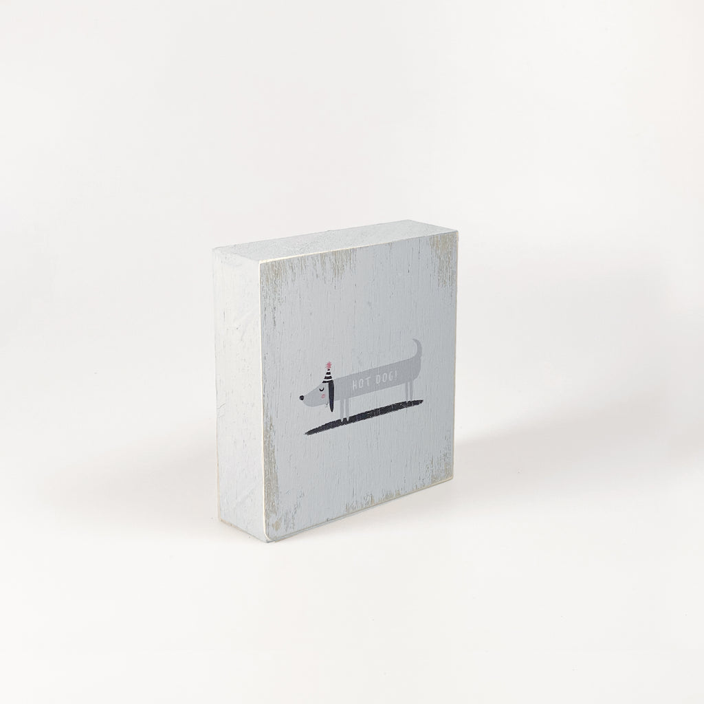 Kleines Holzbild "Hot dog“ grau