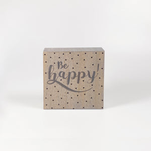 Kleines Holzbild "Be happy“ braun
