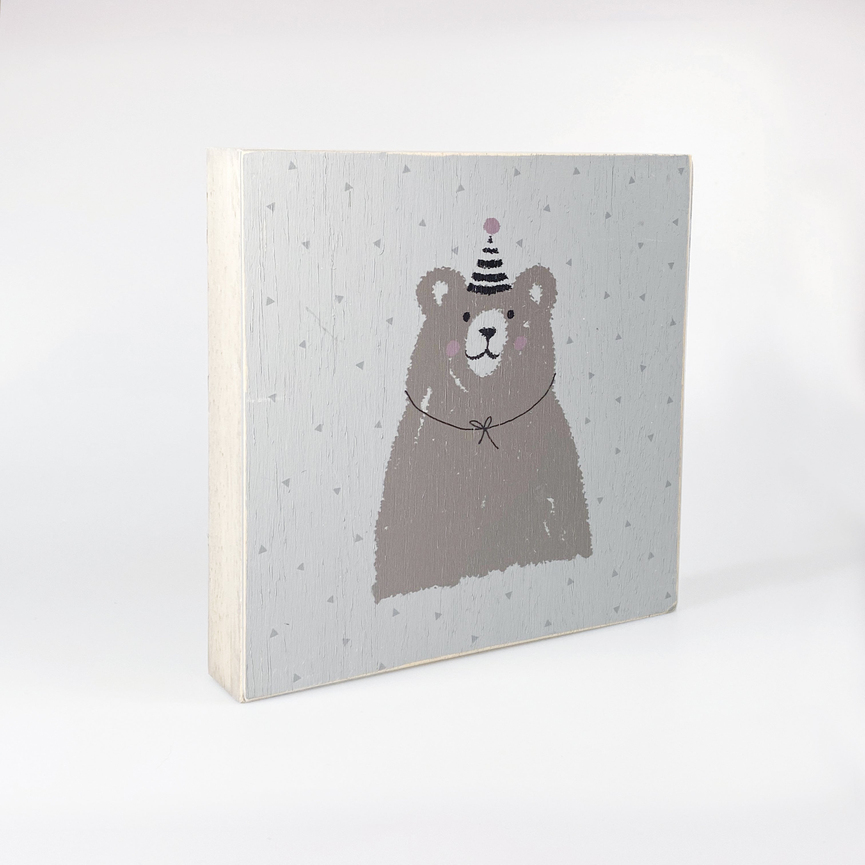 Großes Holzbild "Bär mit Partyhut" grau